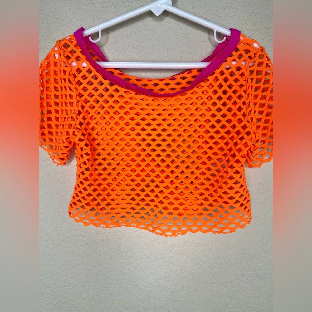 Girls Neon Orange Fishnet Dance Crop Top 80s Costume Mesh Cover Up Child M